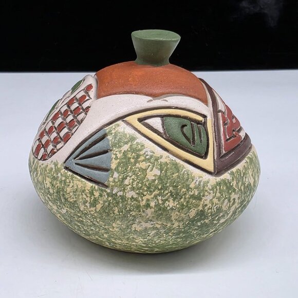 Handmade Ceramic Lidded Jar Abstract Multicolor Patterns & Textures Carved Desig - Picture 6 of 8